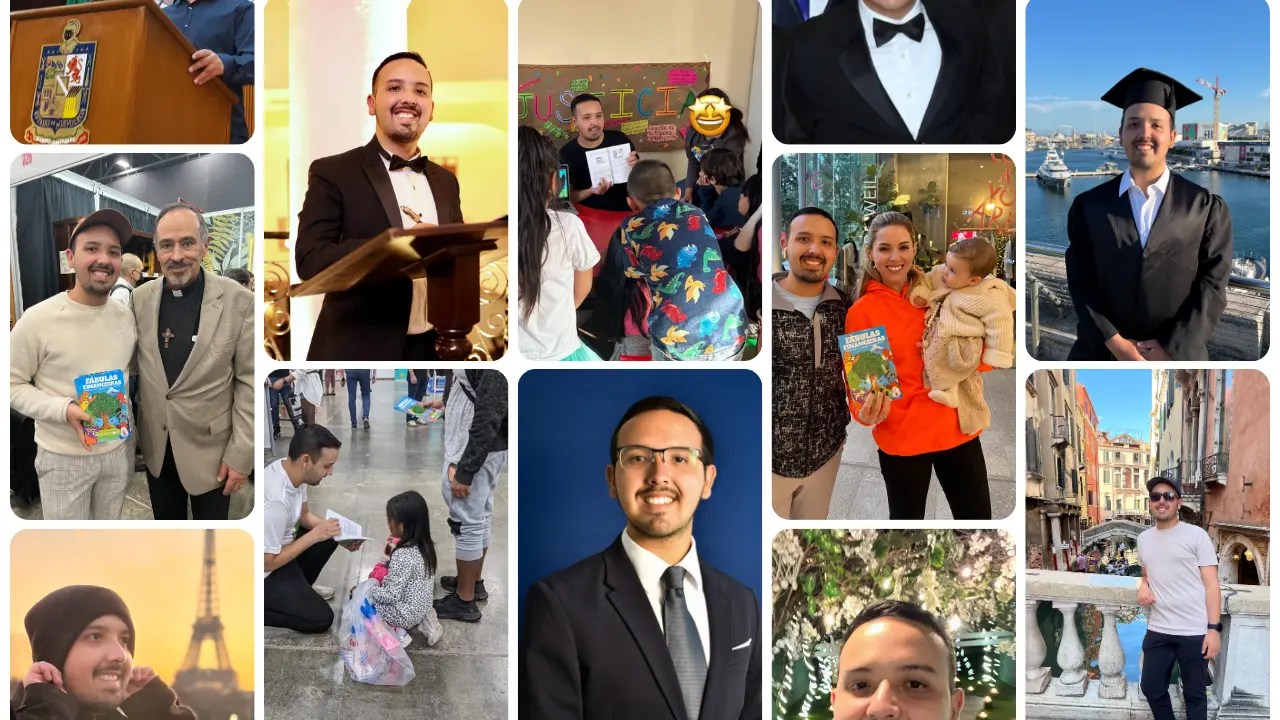 angel escamilla en el congreso, con el padre ernesto, angel escamilla en paris, dando clase de educación financiera